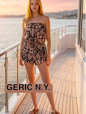 NWT GERIC New York Halter Romper. Sleeveless 1 Pc Shorts Cinched Waist M